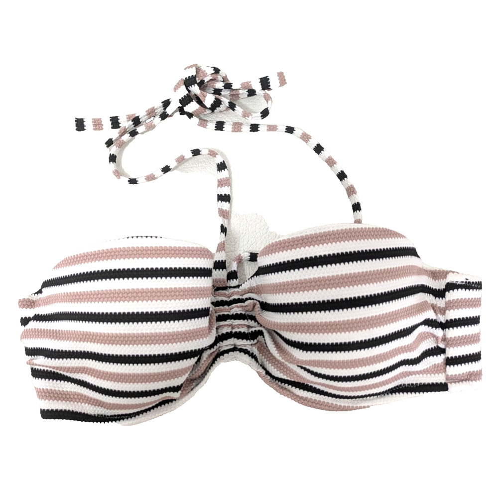 Women's Tie Back Bikini Top Tan Black White Stripes 34B Swimwear
